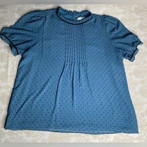 LOFT Women’s Large Blue Polka Dot Blouse Puff Sleeve Pleated Front Top